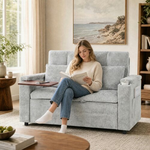 HOMCOM 2 Seater Sofa Bed with USB Port, Armrest Storage, Side Pockets, Grey