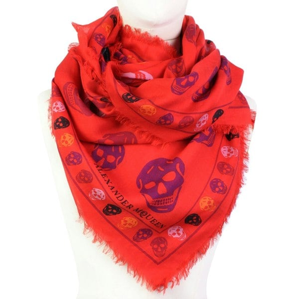 Alexander McQueen red skull patterned wool and modal square scarf