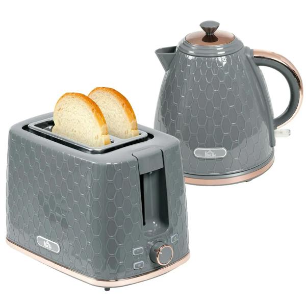Grey kettle and 2-slice toaster set with honeycomb pattern and metal handles