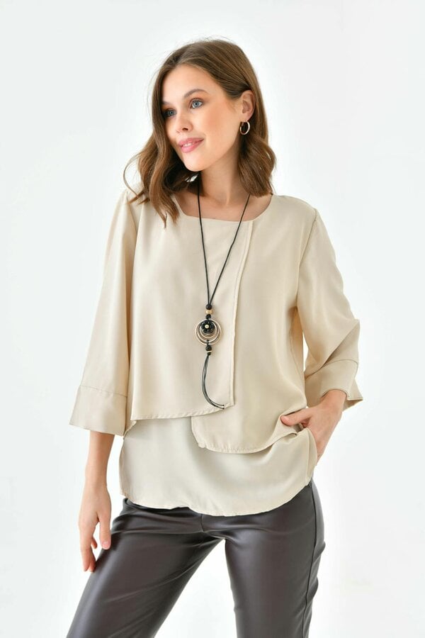 Hoxton Gal Oversized Fit 3/4 Sleeve Asymmetric Layered Blouse in Beige with Necklace