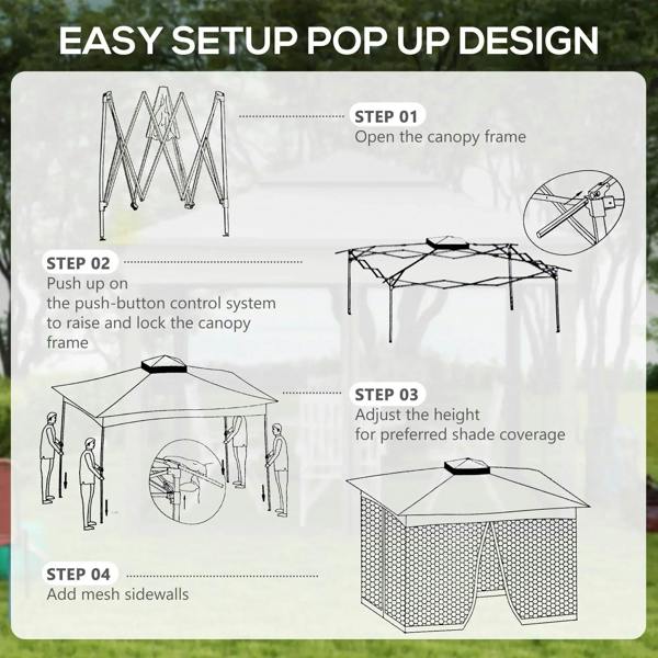 Pop-up gazebo setup steps diagram showing frame and double-canopy top