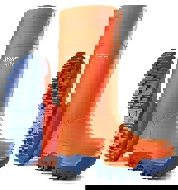 Dunlop PuroFort Thermo+ Mens Safety Work Steel Toe/Midsole S5 Wellington Wellies, orange rubber waterproof boots with blue rugged outsole for slip resistance and durability.