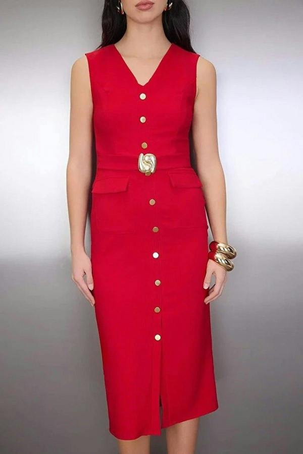 WOVCOR Midi Woven Dress with Belted Accessory Detail