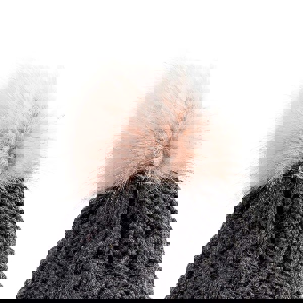 Aran Diamond Cable Button Hat Fisherman Stitch Pom Pom Hat | Chunky Rib Knit with Faux Fur Pom Pom