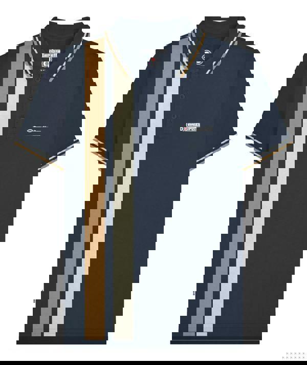 Lambretta Mens Vertical Stripe Classic Mod Ska Casual Smart Polo, navy blue polo shirt with beige, white, and navy vertical stripes on the front, featuring a collared neckline, button placket, and Lambretta logo embroidery.