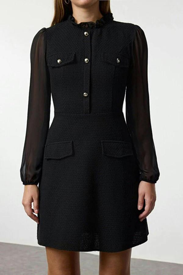 WOVCOR High Collar Tweed Mini Woven Dress with Chiffon Sleeves