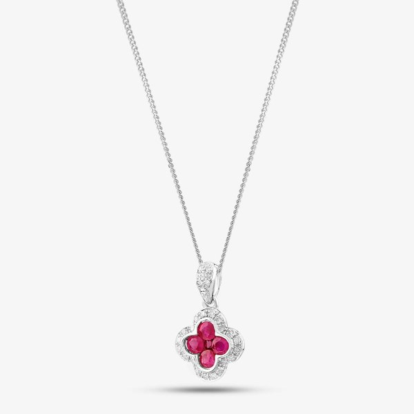T. H. Baker 9ct White Gold Ruby and Diamond Quatrefoil Cluster Necklace PP05330 RU