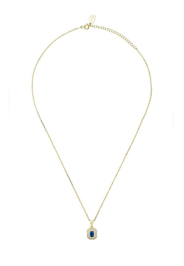 Gold necklace with a blue pendant on a white background