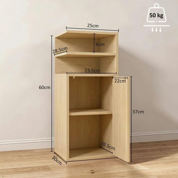 Slim Bedside Table Set of 2, Narrow Bedside Cabinet with Open Cubbies and Cupboard for Bedroom Living Room, Oak