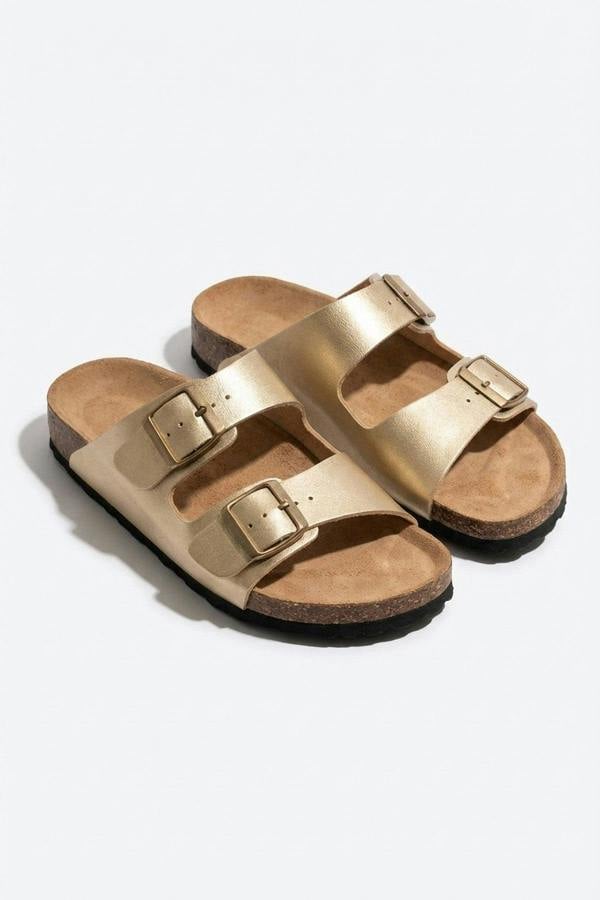 Nina Womens Buckle Strap Cork Slide Sandals - GOLD_wb