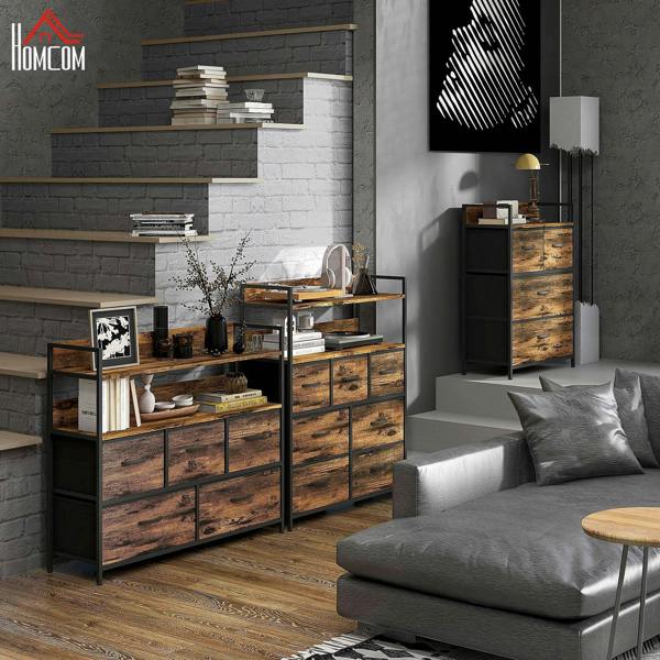 Rustic fabric drawer chest with 4 drawers, dark frame, wood-look brown panels, metal handles