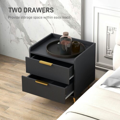 Wyld Haus Vevele Black Elegant 2 Drawer Ribbed Bedside Table with Gold Accents