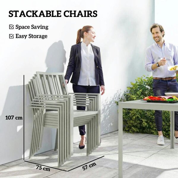 Garden Table and Chairs for 6, 7 Pieces Garden Furniture Set with Table, 6 Stackable Chairs and Umbrella Hole Light Grey
