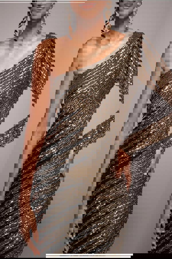 One Sleeve Diagonal Sequin Midi - Gold DR4071