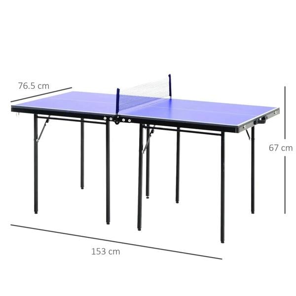 Folding mini table tennis table with blue playing surface and net, black steel legs