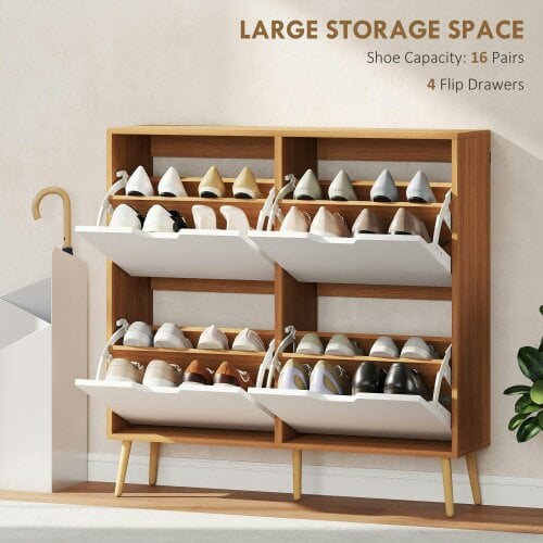 Wyld Haus Margarita Wooden Natural  and White Shoe Cabinet With 4 Flip Drawers For 8 To 16 Pairs