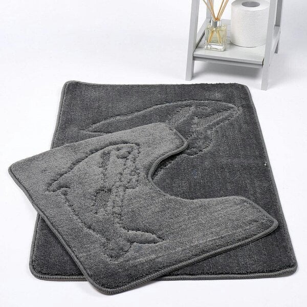 Night Zone Dolphin 2 Piece Bath Mat & Pedestal Set – Non-Slip Absorbent Bathroom Rug Set - Grey