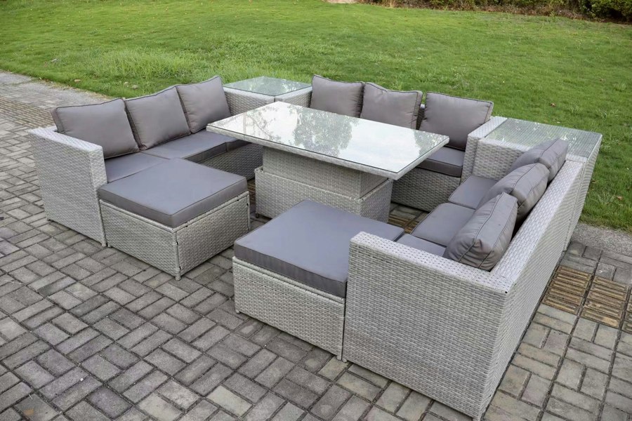 Fimous Rattan Outdoor Garden Furniture Set with Height Adjustable Table, 3 Sofas, 2 Side Tables, 2 Footstools - 11 Seater - Light Grey