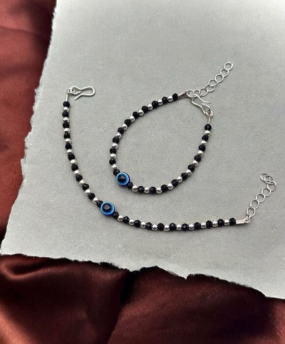 The Colourful Aura Baby/Kids Evil Eye Nazaria Black & Silver Bracelet/Anklet - 2 Pcs