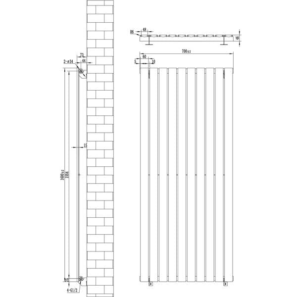 Flat single column radiator in white, measuring 1600 x 700mm, with vertical slats and precise dimensions for installation