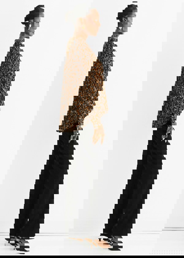 Gini London Brown Chiffon Animal Print Pleated Shift Shirt Blouse