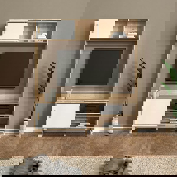 Furniture To Go Ikast TV-Wall Unit with 2 Sliding Doors in Jackson Hickory and White