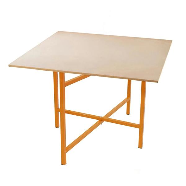 Three mortar board stands, 500mm high, featuring a sturdy orange metal frame and a smooth beige tabletop, ideal for various projects