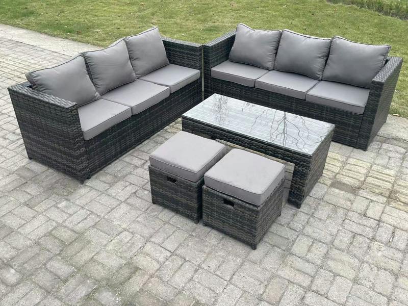 Fimous Outdoor Rattan Garden Furniture Lounge Sofa Set With Oblong Rectagular Coffee Table 2 Stool