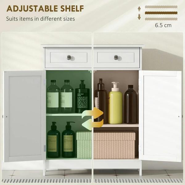 White bathroom storage cabinet with adjustable internal shelf and two doors with metal knobs