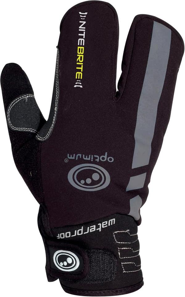 Black three-finger lobster winter glove, back view with reflective stripe and Optimum logo, on white - Optimum