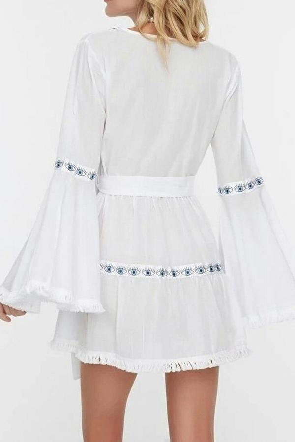 WOVCOR 100% Cotton White Woven Striped Mini Beach Dress