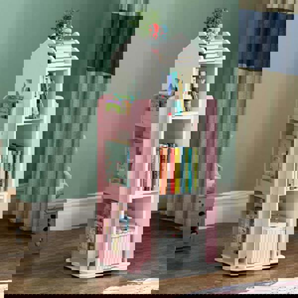 Living and Home House Frame Rotating Bookshelf Storage Rack - Pink