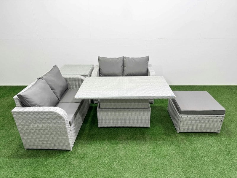 Fimous 5 Seater Outdoor Love Sofa Set Rattan Garden Furniture Set with Adjustable Lifting Dining or Coffee Table Big Footstool Side Table Light Grey