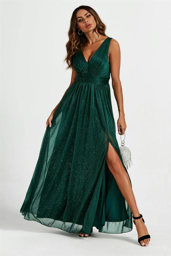 FS Collection Sparkly V Neck Bridesmaid Maxi Dress In Green
