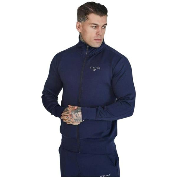 SikSilk Mens Logo Funnel Neck Slim Track Top - Navy - 