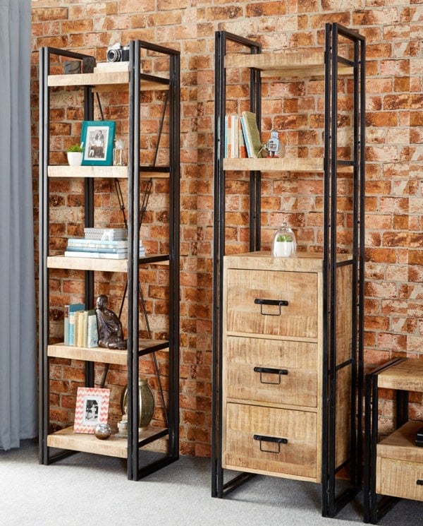 IH Design Herica Industrial Mintis Narrow Bookcase with 3 Drawers