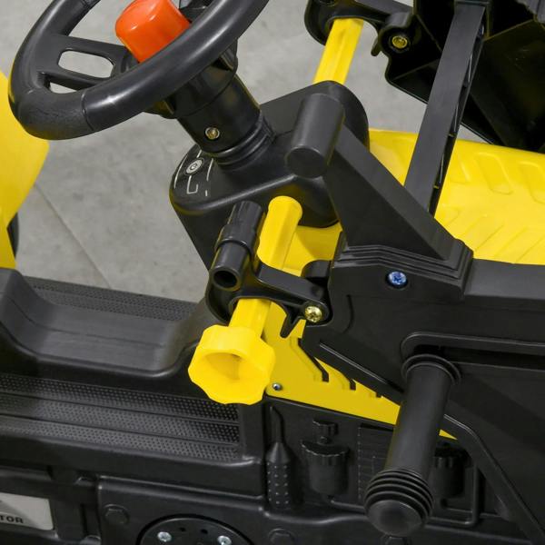 Yellow and black ride-on excavator go-kart close-up of seat base and control lever