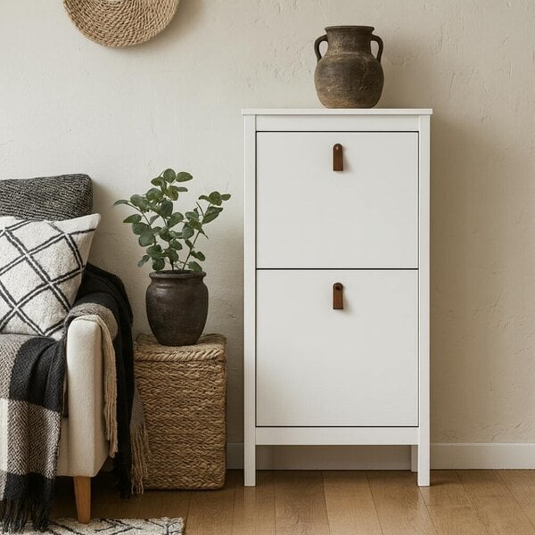 Wyld Haus Wildberry Matt White Wooden Shoe Cabinet 2 Flip Down Doors Leather Handles