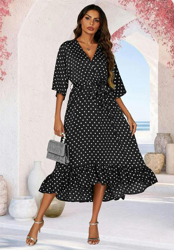 FS Collection Polka Dot Print Wrap Top Kimono Sleeve Maxi Dress In Black