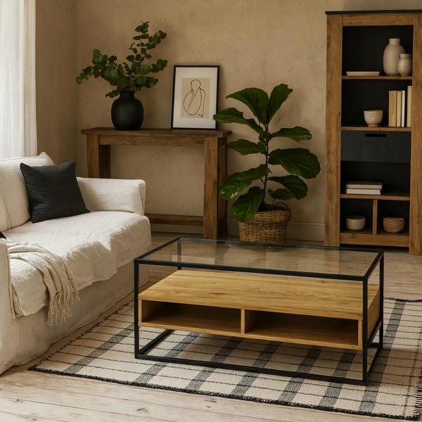 Wyld Haus Wrenna Black and Natural Oak Effect TV Unit Glass Top