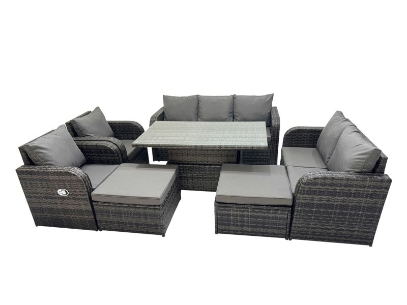 Fimous Rattan Garden Furniture Dining Set 9 seater Patio Height Adjustable Rising Lifting Table Sofa Sets with 2 Big Footstool Dark Grey Mixed