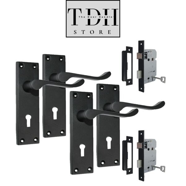 EDH Door Hardware Matt Black Victorian Scroll Door Handles – Handle Only, Handle + Lock or Lock Only – 150mm x 43mm