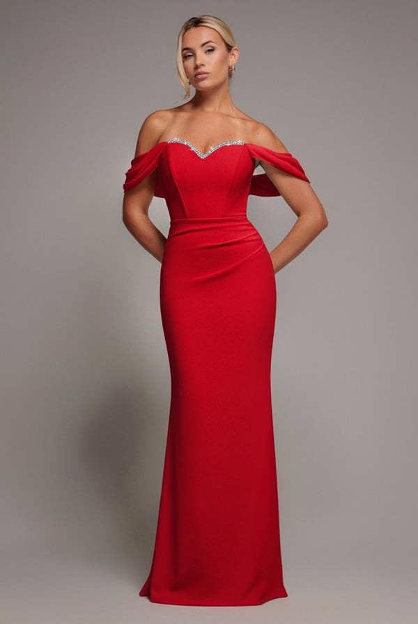 Off The Shoulder Draped Sleeve Maxi Dress With Diamante Neckline - Red DR4588