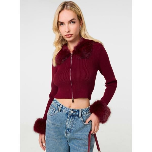 Pink Vanilla Fur Trim Zip Through Cardigan