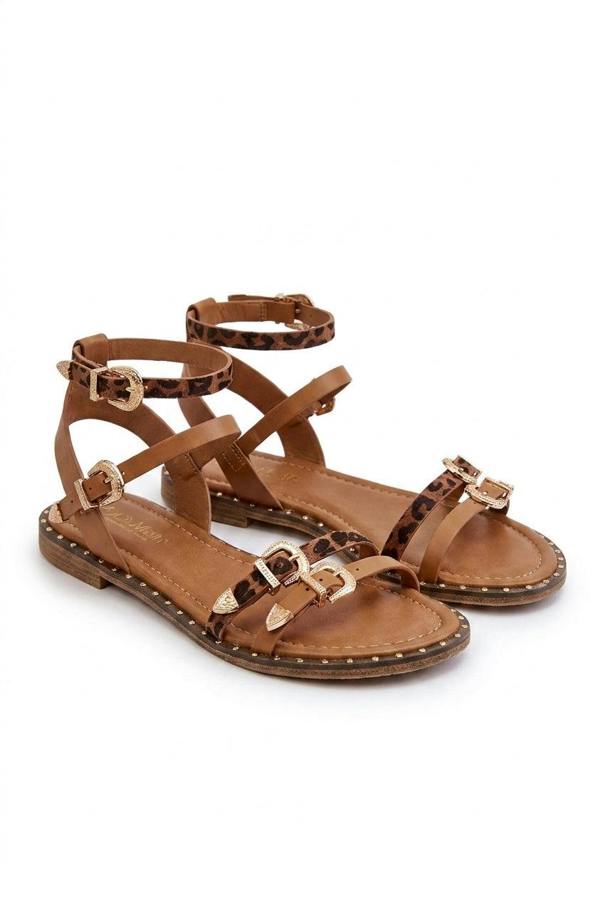 Zamira Toe Loop Flat Sandals With Zebra Buckle Straps - Camel_wb