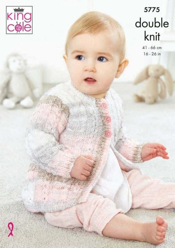 King Cole Baby Pure DK Knitting Pattern 5775, Cardigans, Tunics for Baby, 16 - 26 Inches