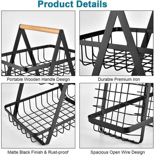 Dyzi 2 Tier Metal Fruit Vegetable Basket Detachable Storage Rack Black
