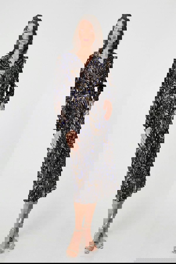 Black | Printed Shirred Waist Midi Wrap Dress
