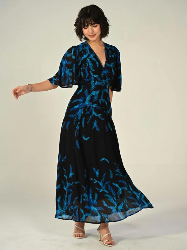 Rose & Nancy Talia Black Feather Print Maxi Dress