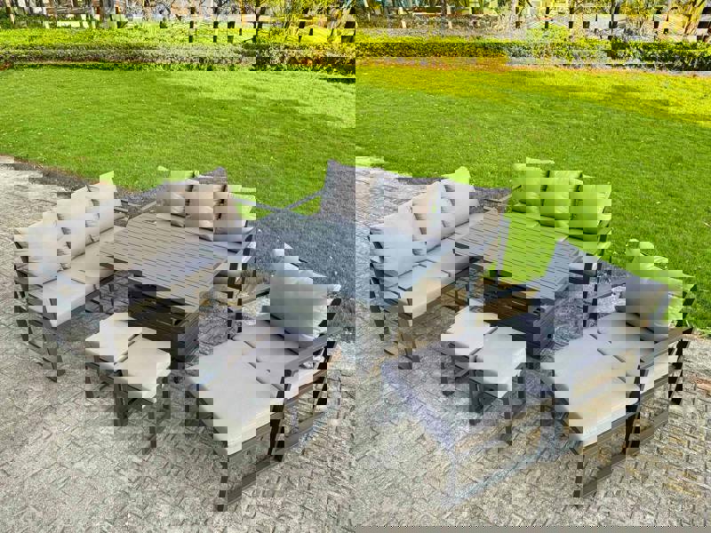 Fimous 10 Seater Aluminium Furniture Set with Adjustable Rising Dining Table, 3 Footstools - Dark Grey